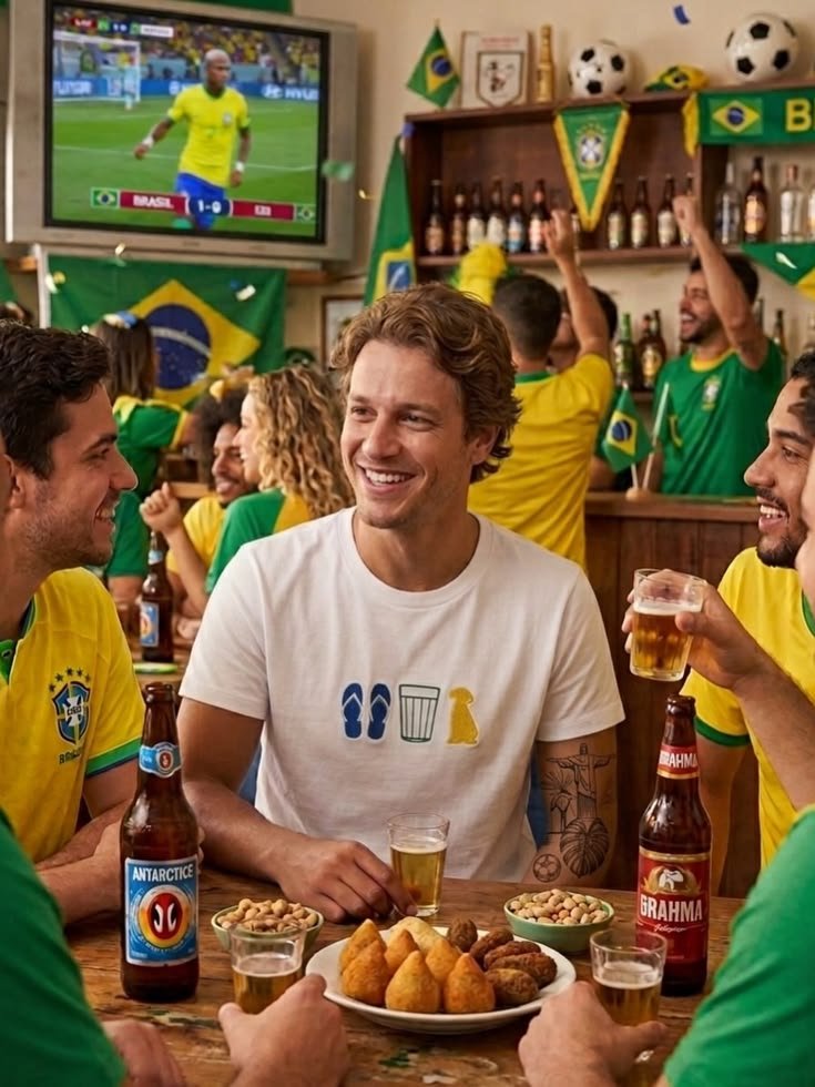 Grupo de amigos celebrando em bar durante a Copa do Mundo